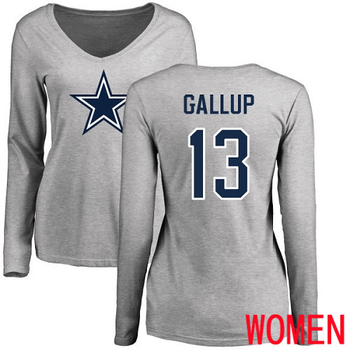 Women Dallas Cowboys Ash Michael Gallup Name and Number Logo Slim Fit #13 Long Sleeve Nike NFL T Shirt->women nfl jersey->Women Jersey